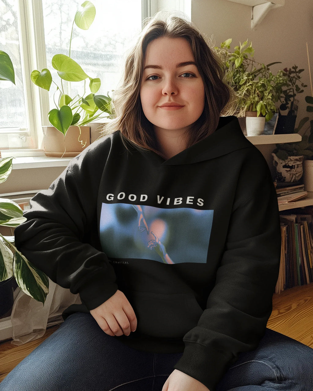 Black unisex hoodie worn, 'GOOD VIBES' front graphic, hood and pocket