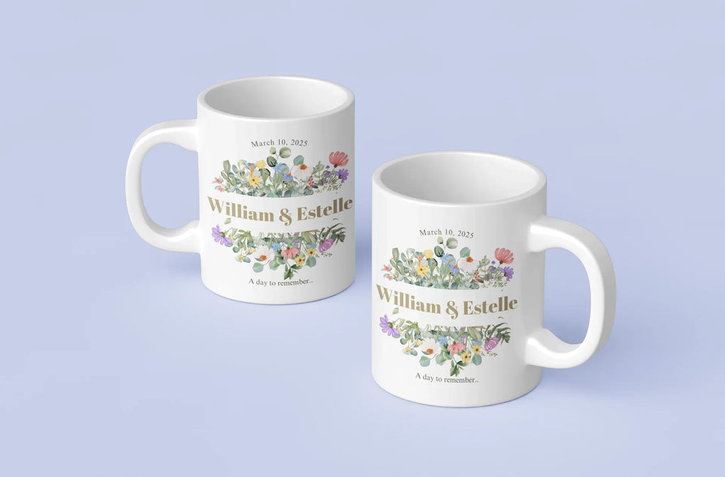 White mugs with floral design, 'William & Estelle' and 'March 10, 2025'