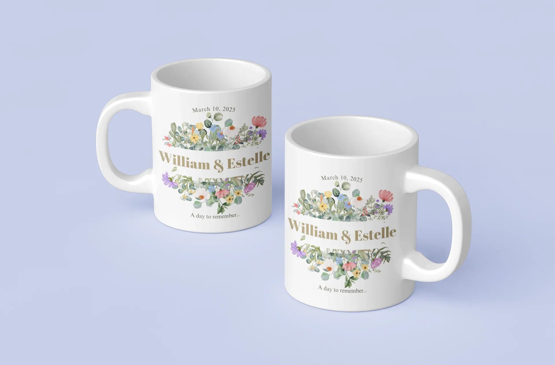 White mugs with floral design, 'William & Estelle' and 'March 10, 2025'