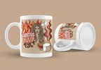 White mug with flame-haired woman graphic, side view and empty interior