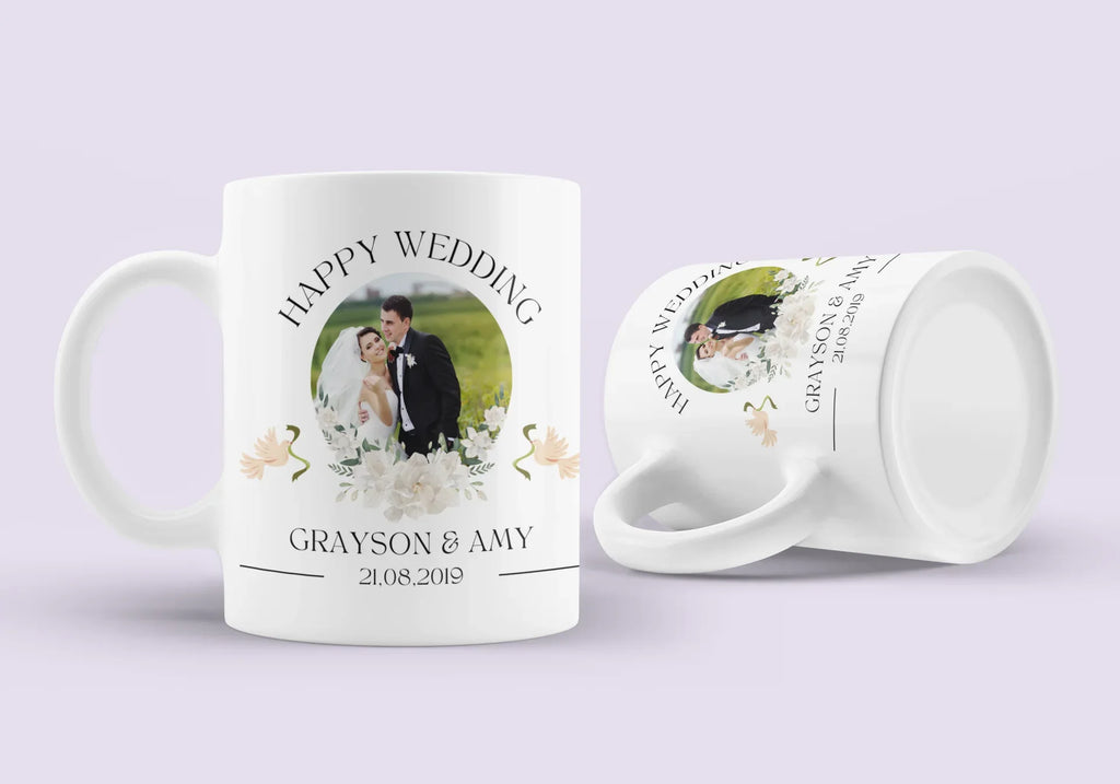 White wedding mug with couple portrait and Happy Wedding, Grayson & Amy, 21.08.2019