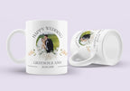 White wedding mug with couple portrait and Happy Wedding, Grayson & Amy, 21.08.2019