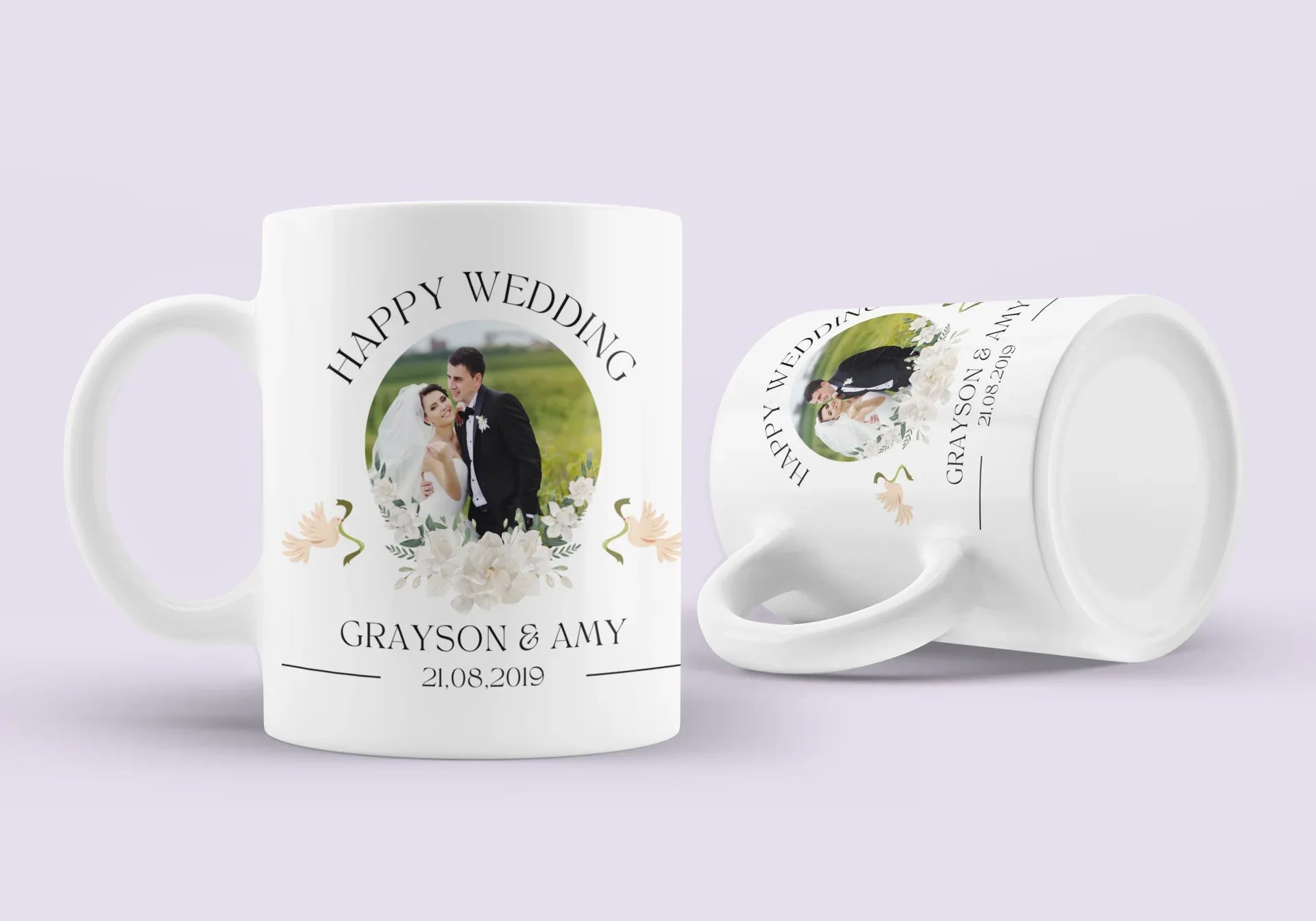 White wedding mug with couple portrait and Happy Wedding, Grayson & Amy, 21.08.2019