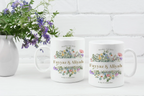 White mugs with floral designs, 'Fayvaz & Aliyah' and 'October 3rd, 2023'