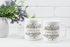 White mugs with floral designs, 'Fayvaz & Aliyah' and 'October 3rd, 2023'