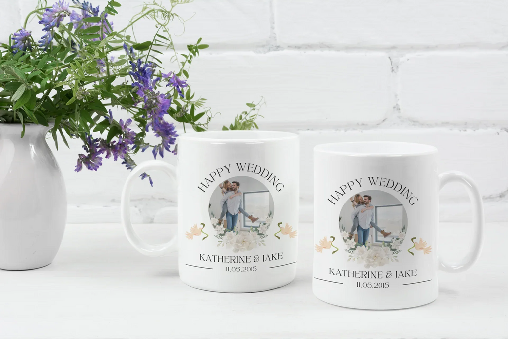 Pair of white wedding mugs with couple portraits, Happy Wedding, Katherine & Jake, 11.05.2015