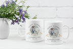 Pair of white wedding mugs with couple portraits, Happy Wedding, Katherine & Jake, 11.05.2015