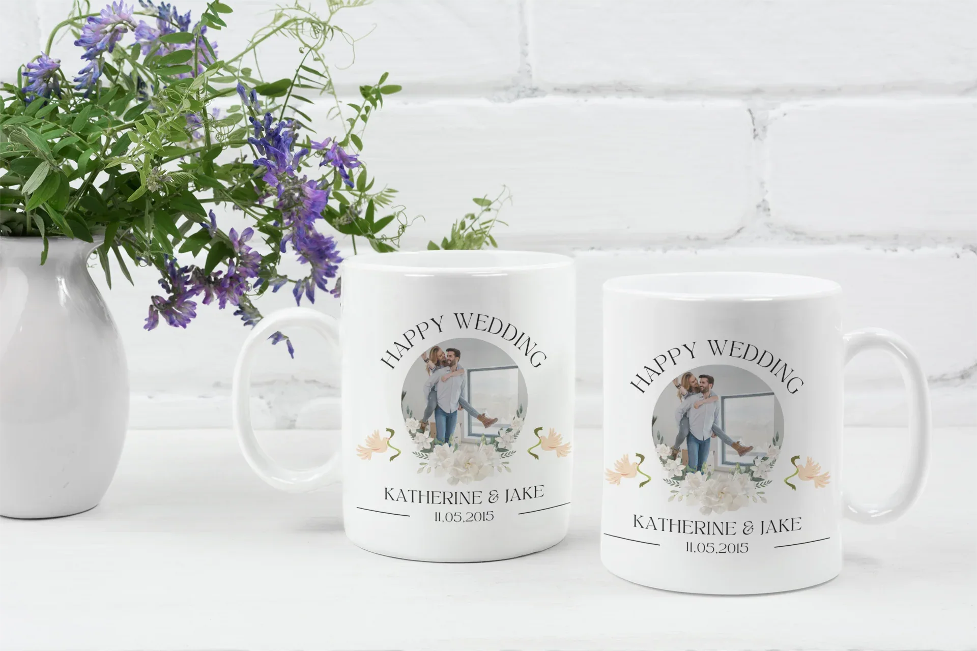 Pair of white wedding mugs with couple portraits, Happy Wedding, Katherine & Jake, 11.05.2015