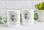Two white wedding mugs with “Happy Wedding” and name Katherine & Jake
