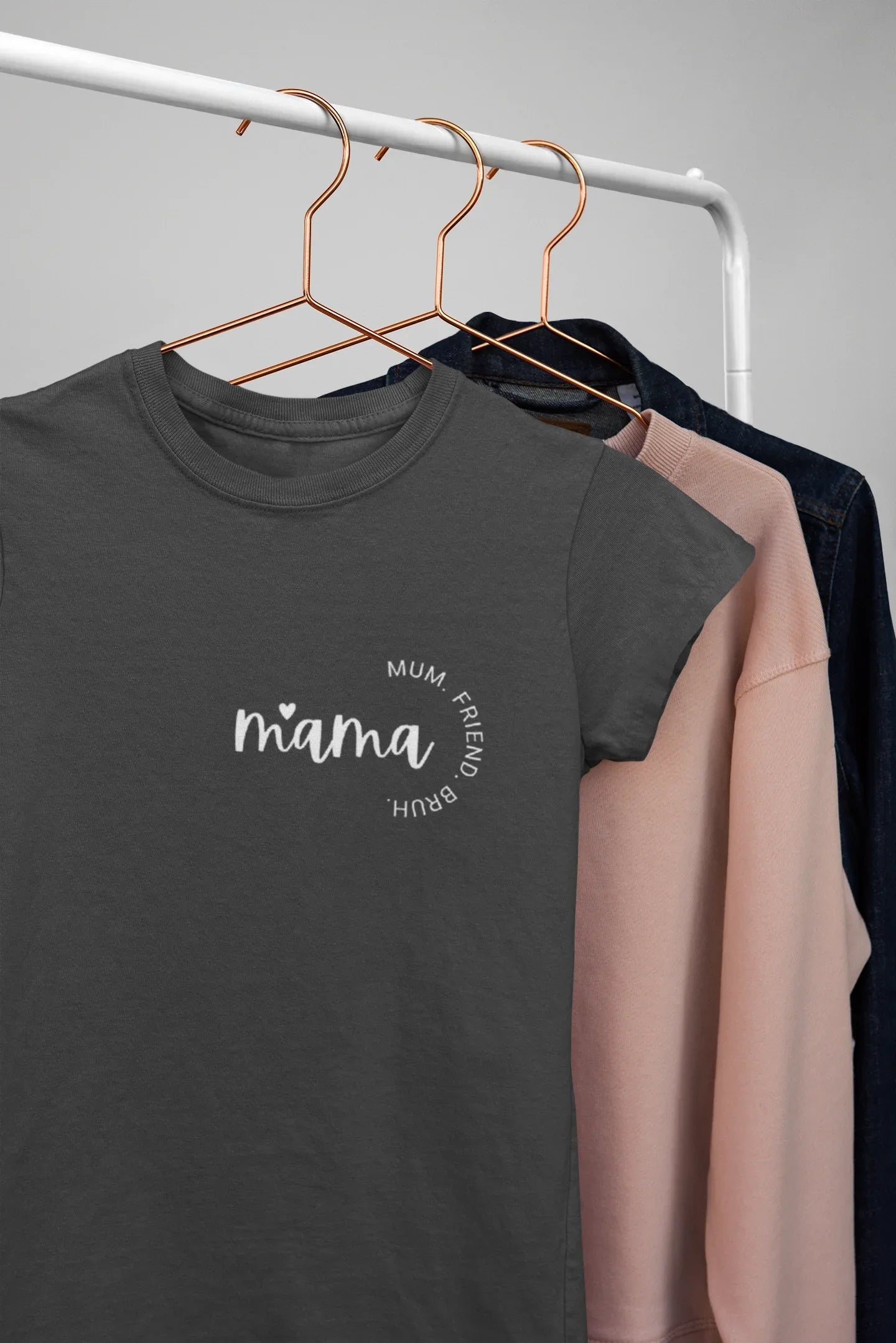 Charcoal Mama T-shirt on hangers, small chest logo, crew neck, short sleeves