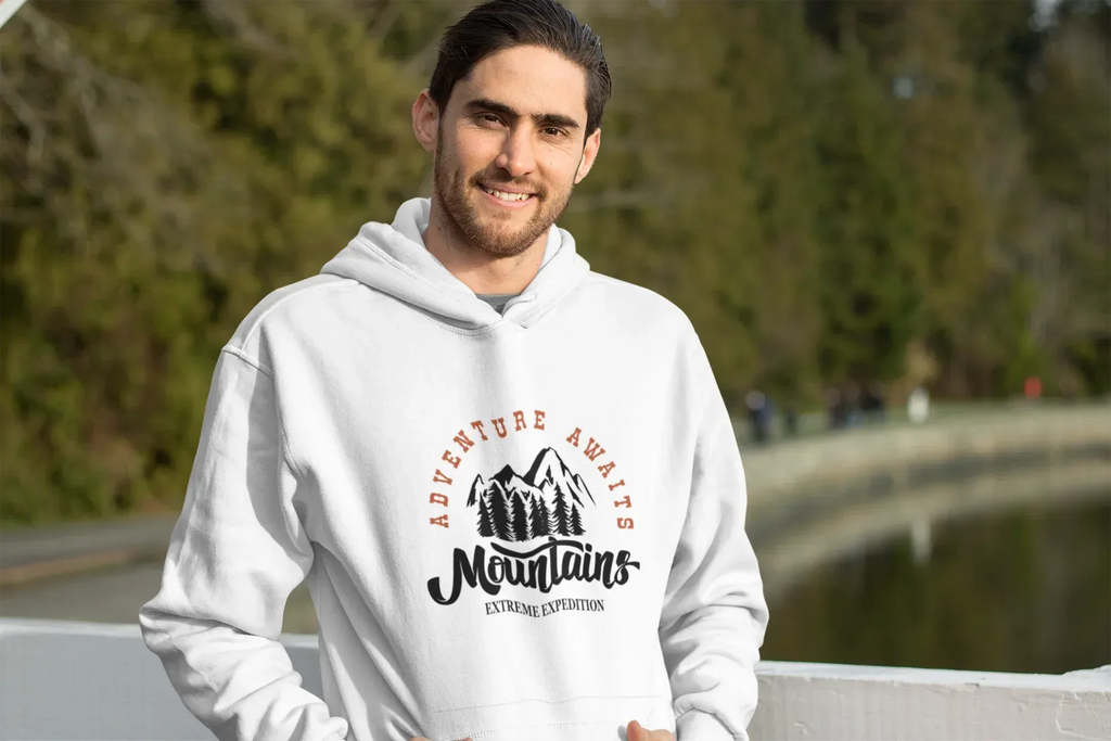 White hoodie with hood and Adventure Awaits mountain logo on front