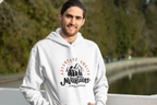 White hoodie with hood and Adventure Awaits mountain logo on front