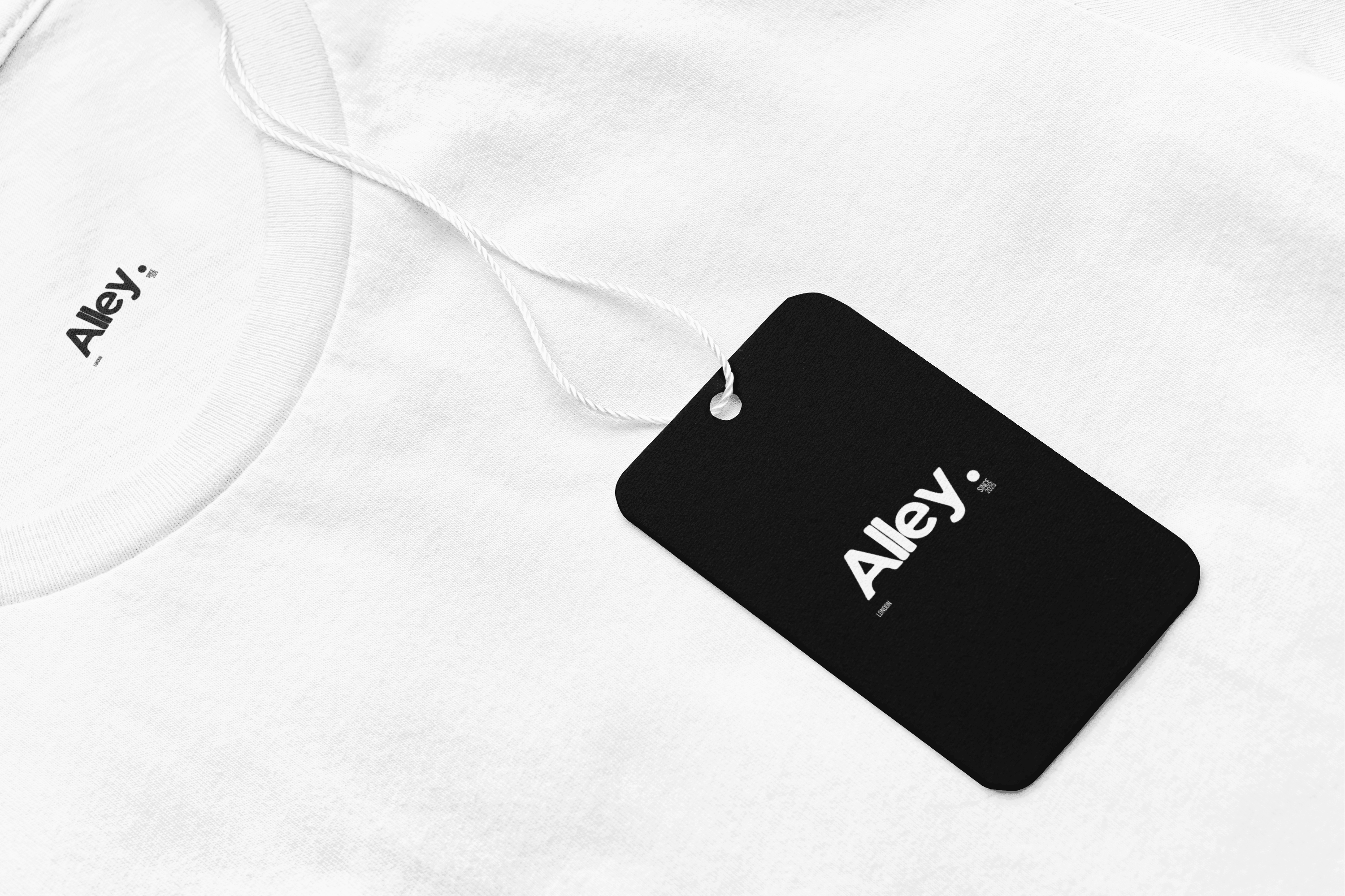 White unisex crewneck sweatshirt with black brand neck tag