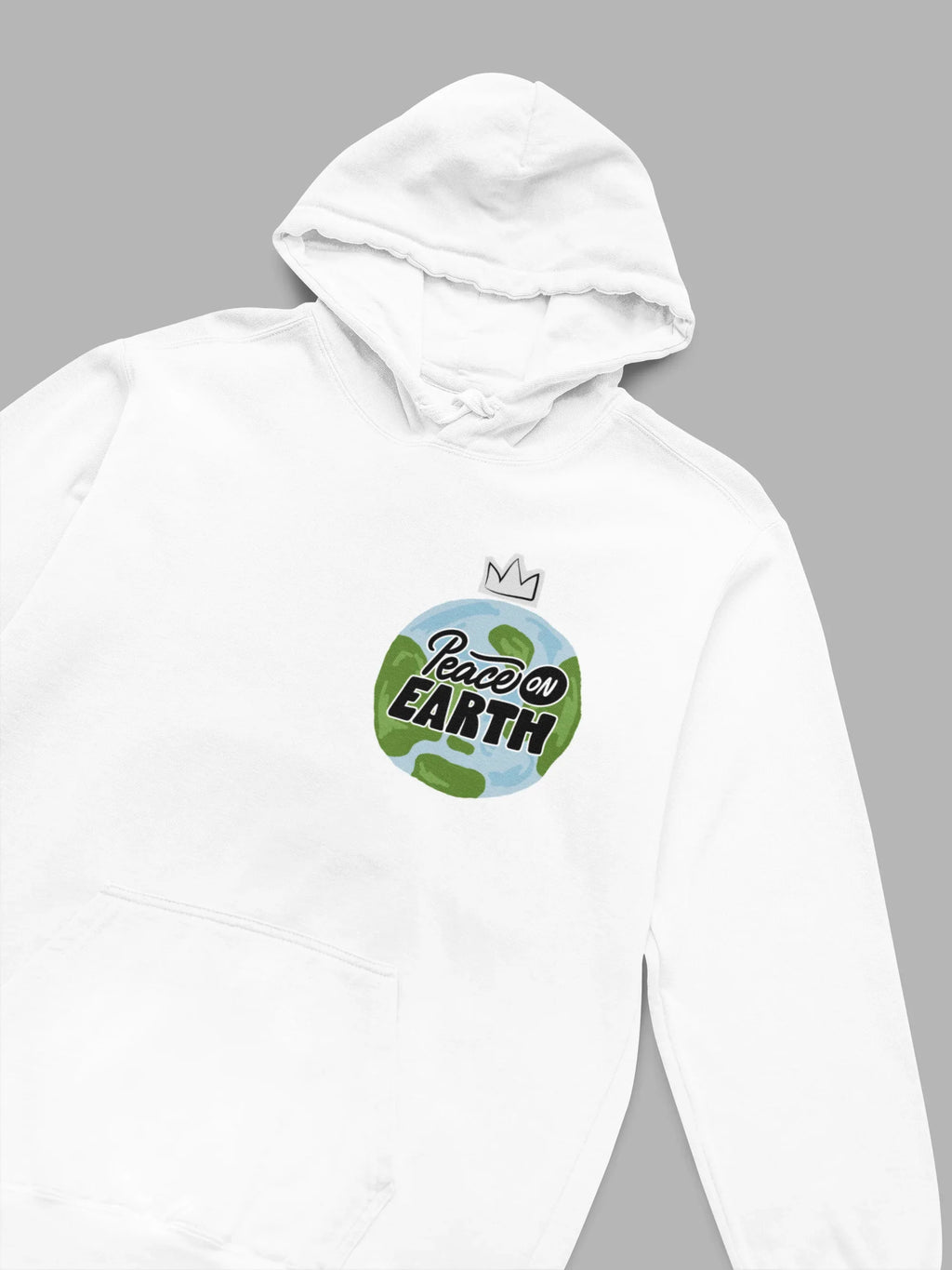 Arctic white hoodie with front hood and Peace on Earth globe chest logo