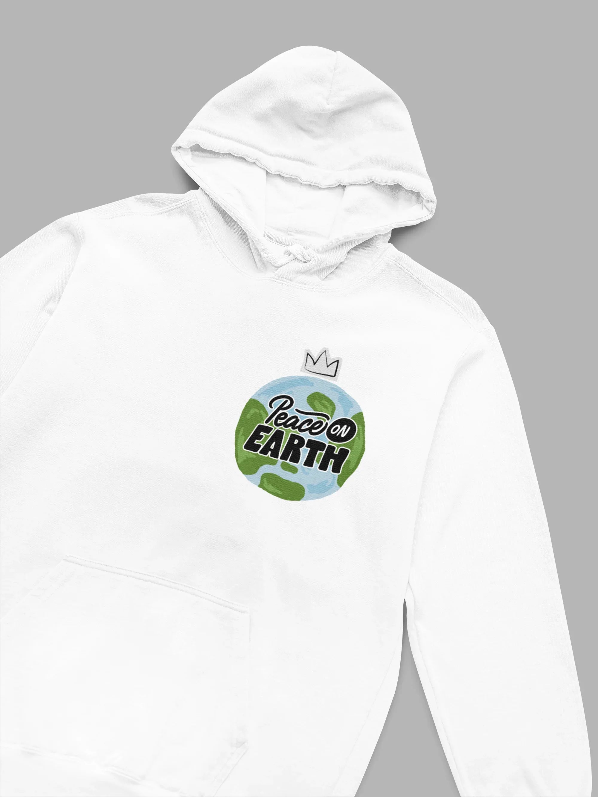 Arctic white hoodie with front hood and Peace on Earth globe chest logo
