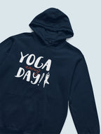 Navy yoga hoodie with "YOGA every day!" graphic and hooded neckline