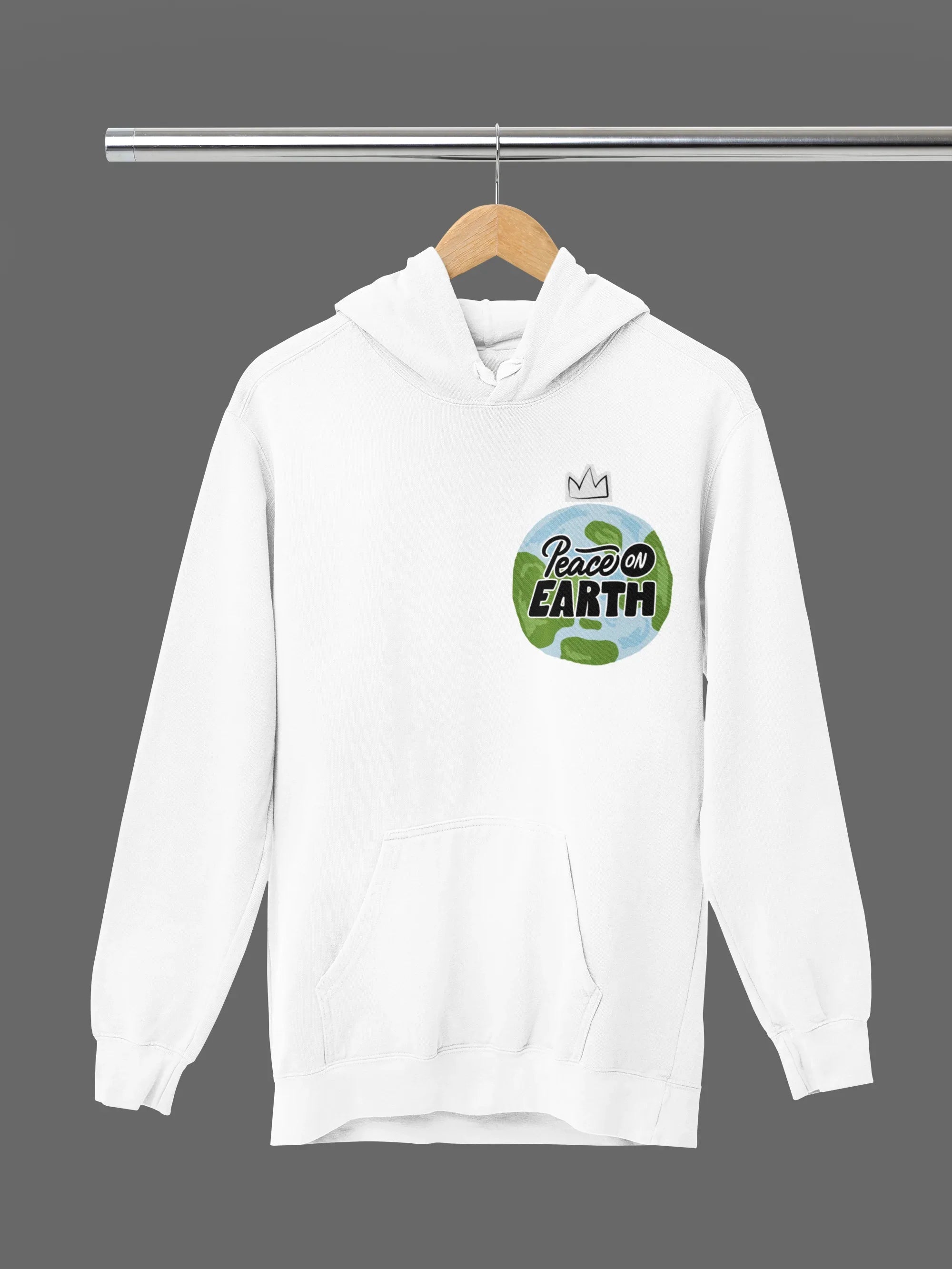 Arctic white hoodie on hanger with front hood and Peace on Earth globe logo