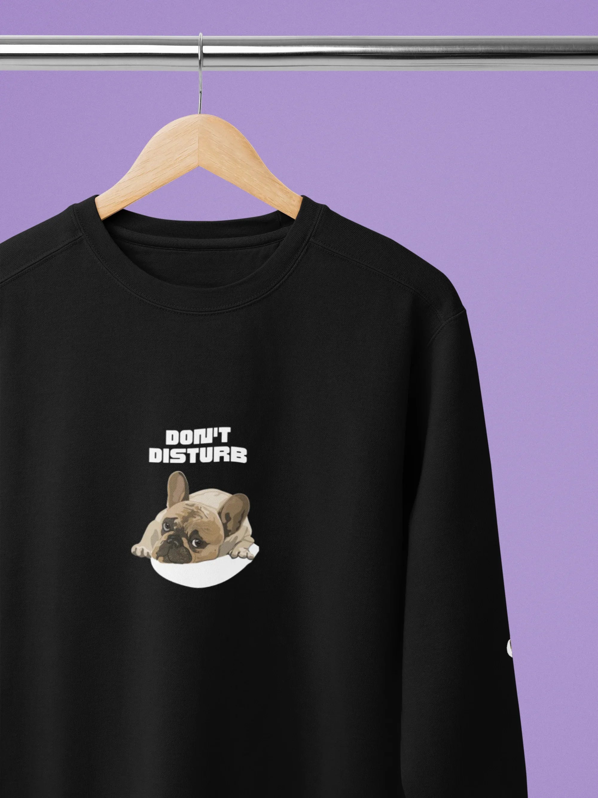 Black crewneck sweatshirt with 'DON'T DISTURB' sleeping French bulldog graphic