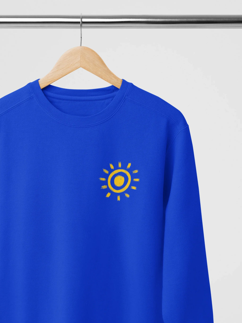 Blue crewneck sweatshirt with sun graphic on chest