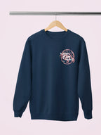 Navy crewneck sweatshirt with pink Planet Over Profit logo on left chest