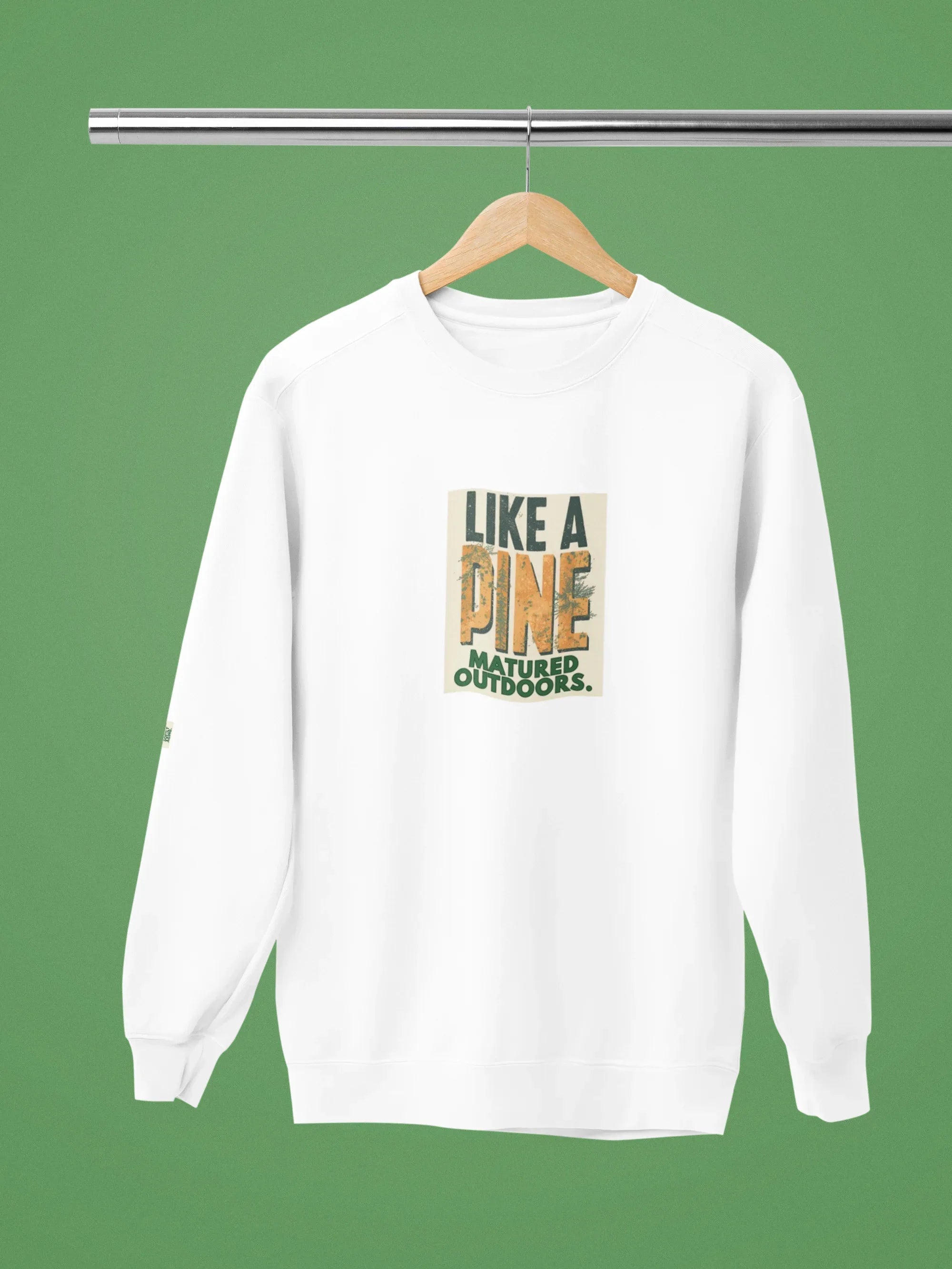 White sweatshirt with long sleeves and centered “Like a Pine” square logo print