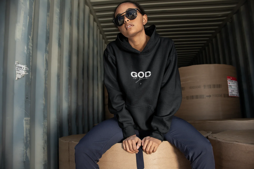 Black unisex hoodie with hood, 'GOD' chest logo