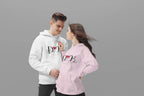 Couples hoodie set, white and light pink, front view with heart monogram design