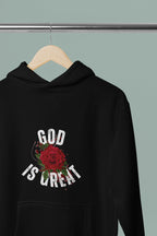 Black hooded sweatshirt with 'GOD IS GREAT' rose design on chest