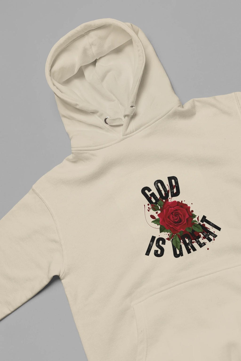Sand hooded sweatshirt with hood and 'GOD IS GREAT' rose graphic on chest
