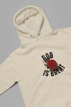 Sand hooded sweatshirt with hood and 'GOD IS GREAT' rose graphic on chest