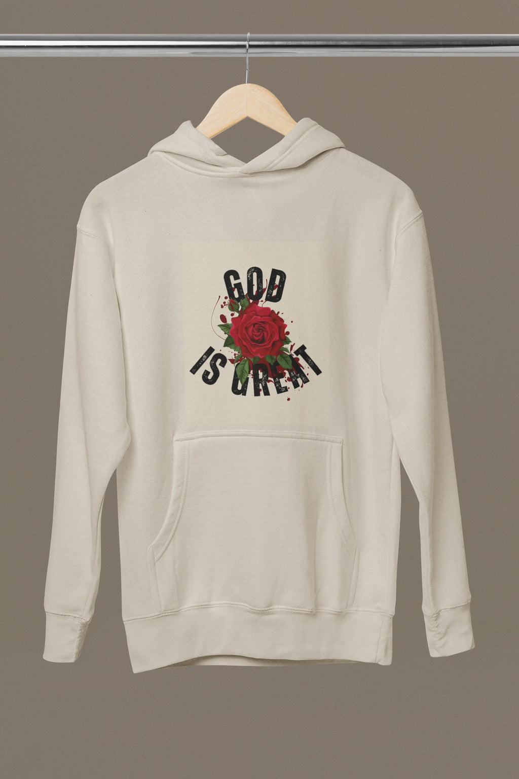 Cream hooded sweatshirt with 'GOD IS GREAT' rose graphic and front pocket