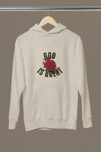 Cream hooded sweatshirt with 'GOD IS GREAT' rose graphic and front pocket