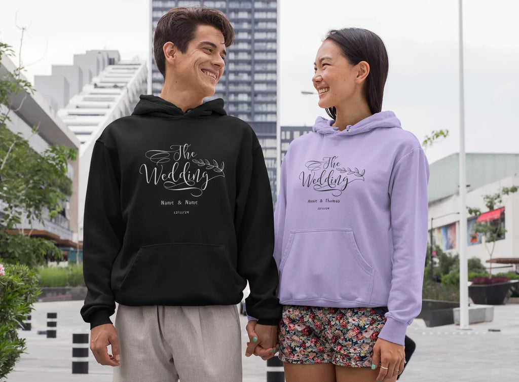 Wedding day hoodie sweatshirts, black and lavender, each with front logo print and hood