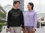 Wedding day hoodie sweatshirts, black and lavender, each with front logo print and hood