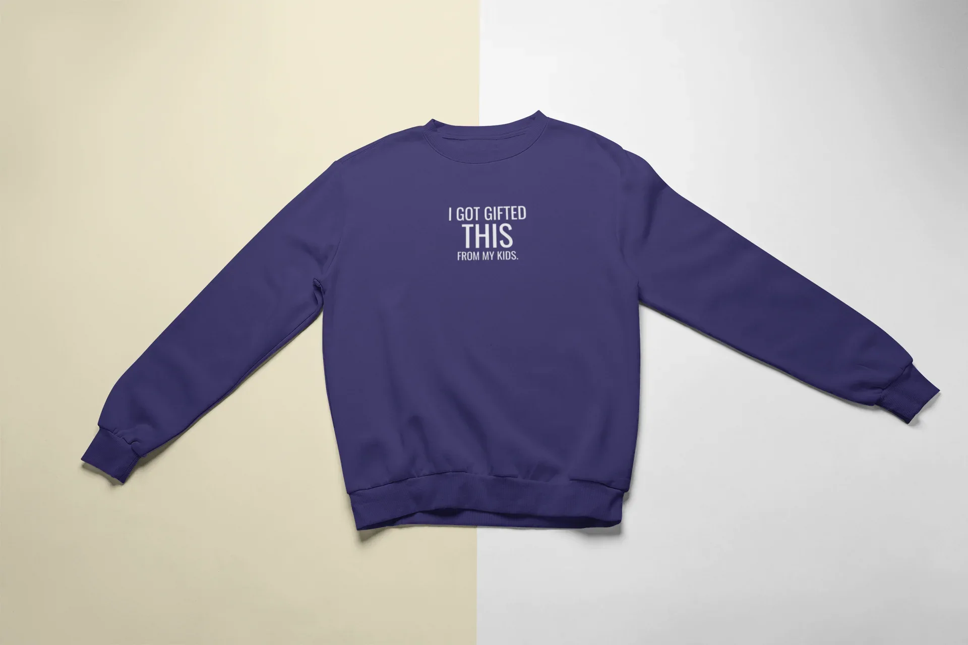 Purple crewneck sweatshirt with "I got gifted this" chest print
