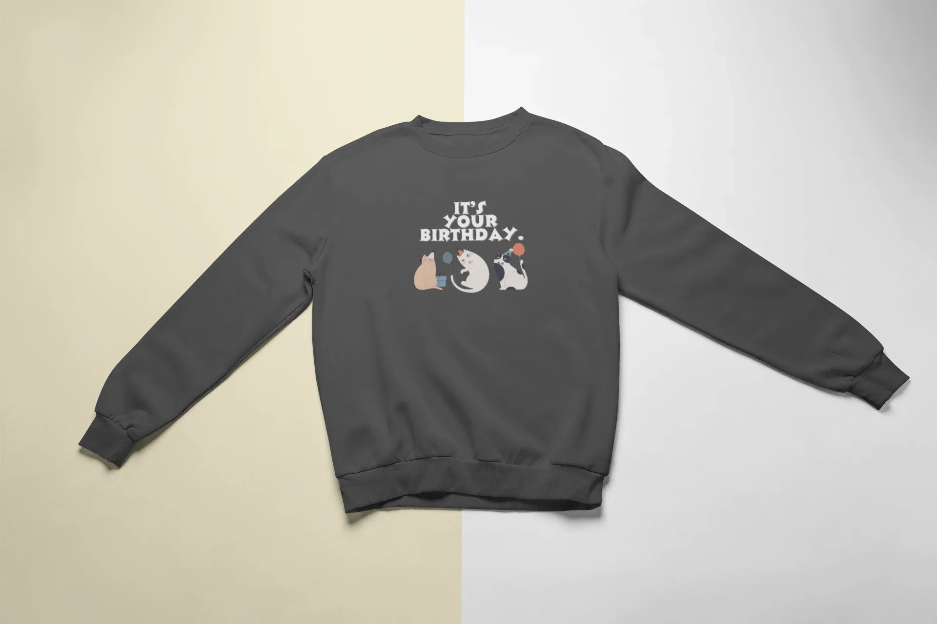 Dark crewneck sweatshirt with 'It's My Birthday' cat graphic, long sleeves