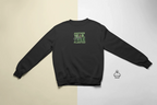Black crewneck sweatshirt with “Another Year, Tree Planted” chest graphic and small sleeve icon.