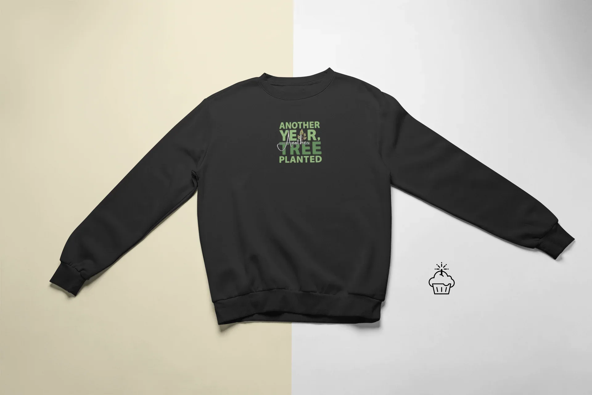 Black crewneck sweatshirt with “Another Year, Tree Planted” chest graphic and small sleeve icon.