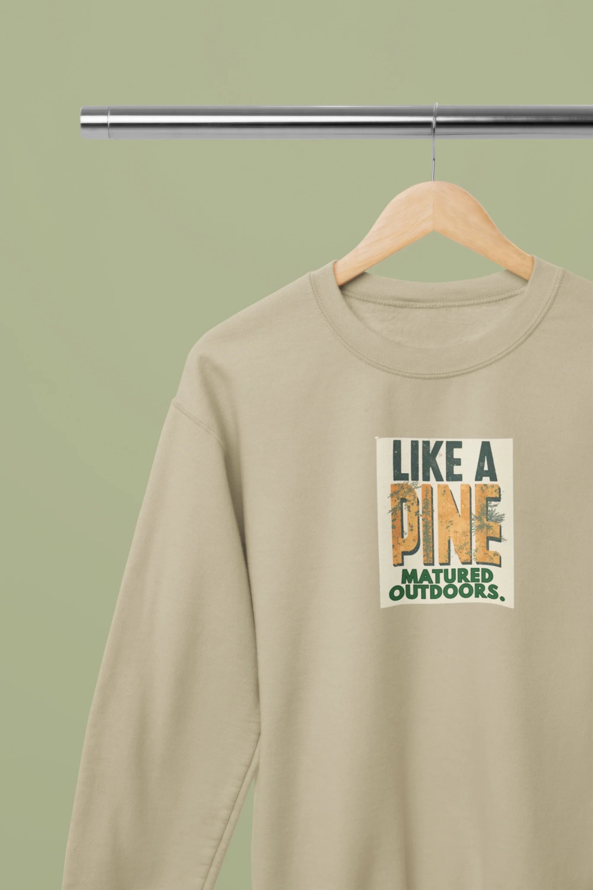 Sand crewneck sweatshirt with 'LIKE A PINE' front graphic