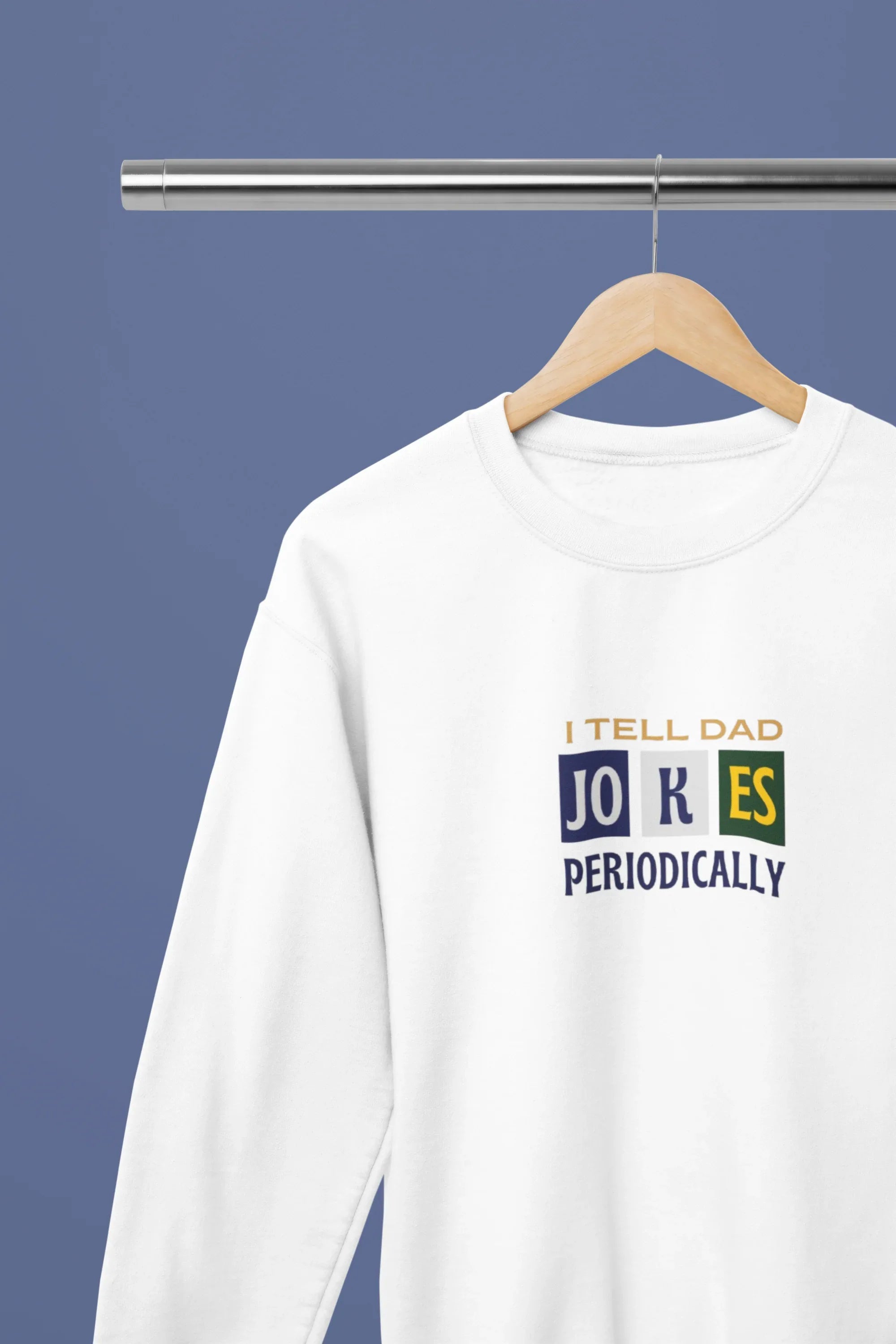 White crewneck sweatshirt with dad jokes slogan graphic on front