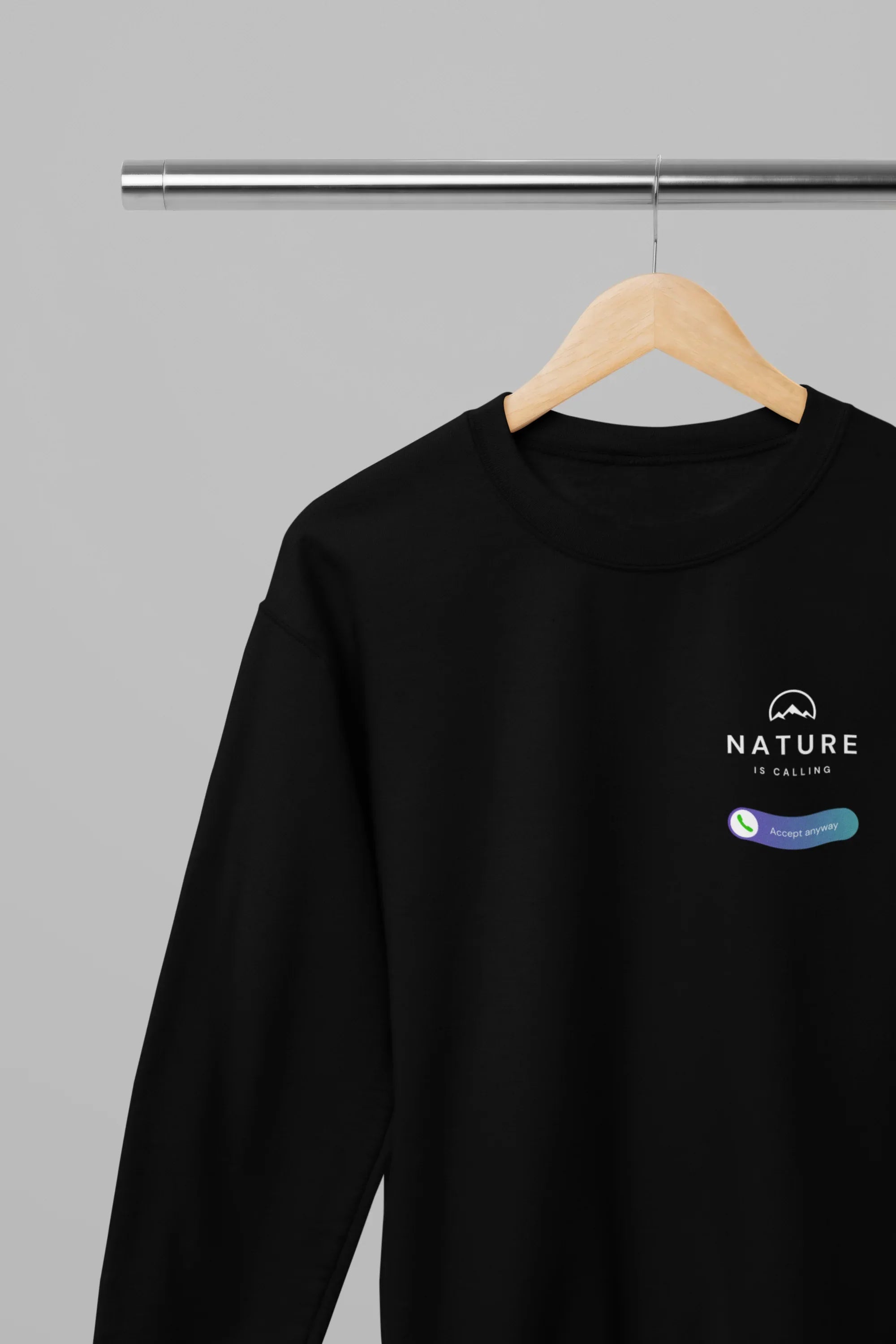 Black sweatshirt with Nature printed text and badge on left chest