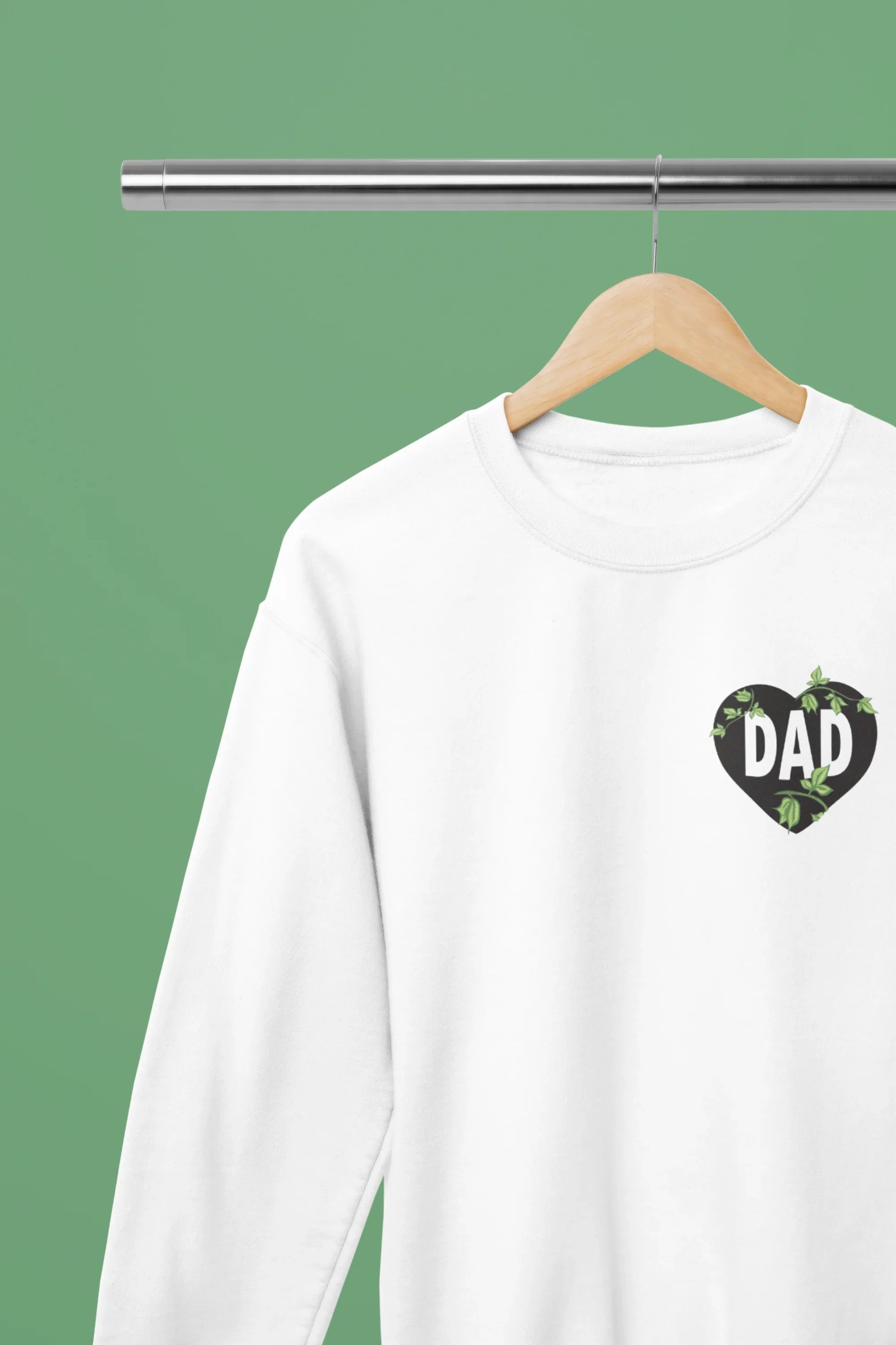 White sweatshirt with DAD heart patch on chest, crewneck