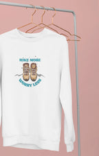 White crewneck sweatshirt on hangers with small 'Hike More, Worry Less' chest graphic