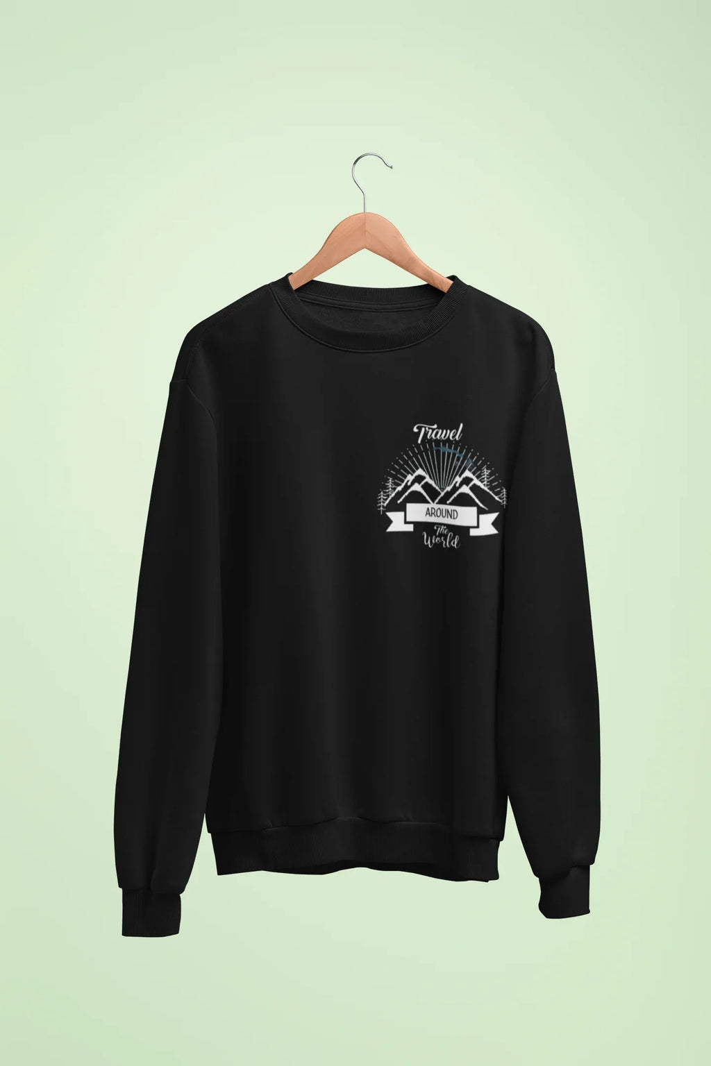 Black crewneck sweatshirt with long sleeves and travel-themed chest logo graphic