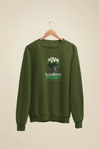 Olive green crewneck sweatshirt with tree graphic and “Kindness Matters” text on front