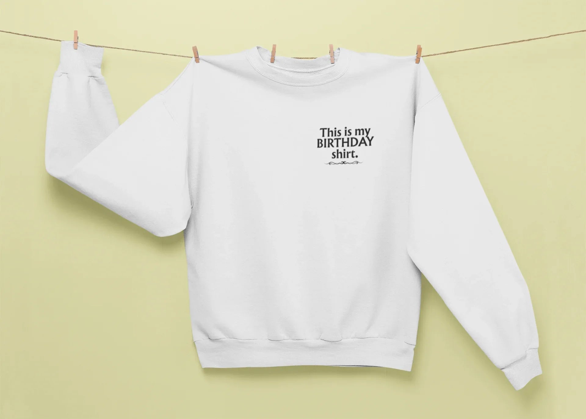 White sweatshirt with 'This is my BIRTHDAY shirt' chest print