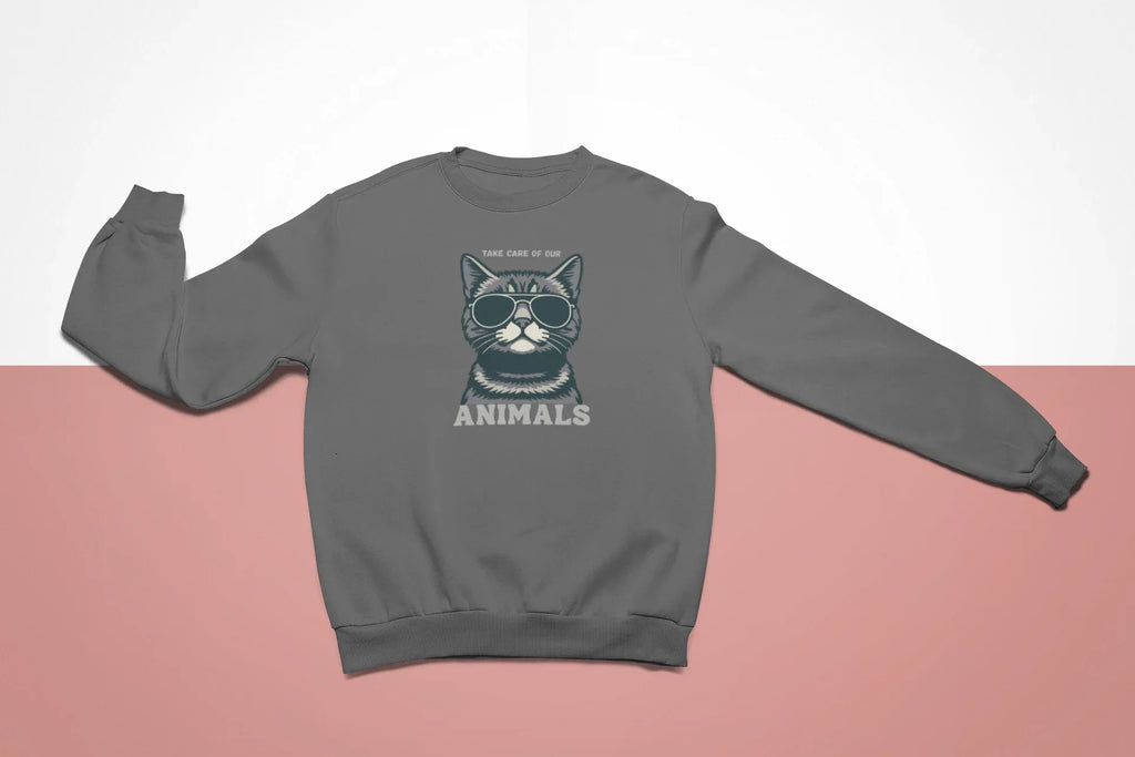 Cat Sunglasses Sweatshirt – 'Take Care of Your Animals' Cozy Crewneck - Alley Crafters