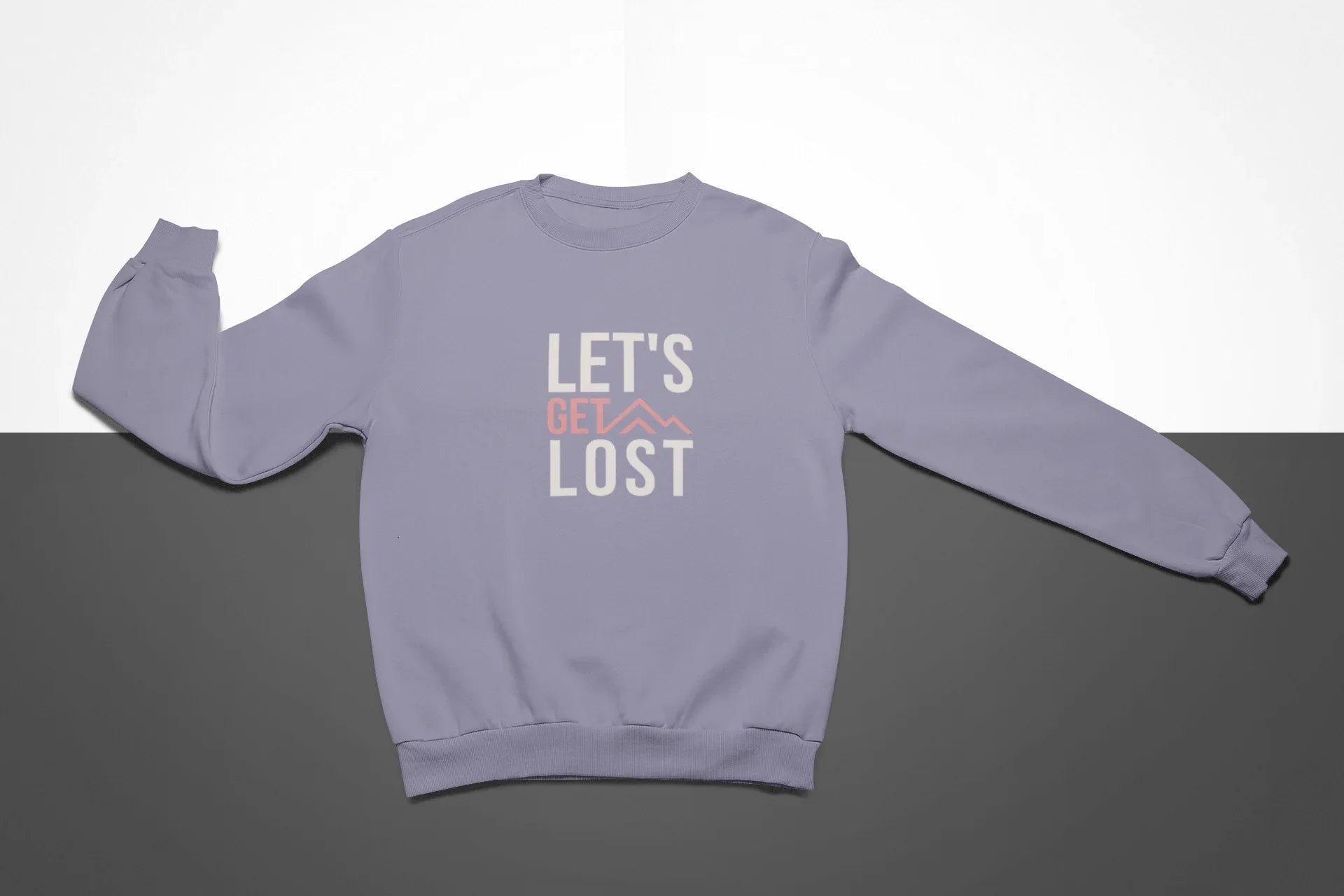Lavender crewneck sweatshirt with “LET'S GET LOST” graphic on chest