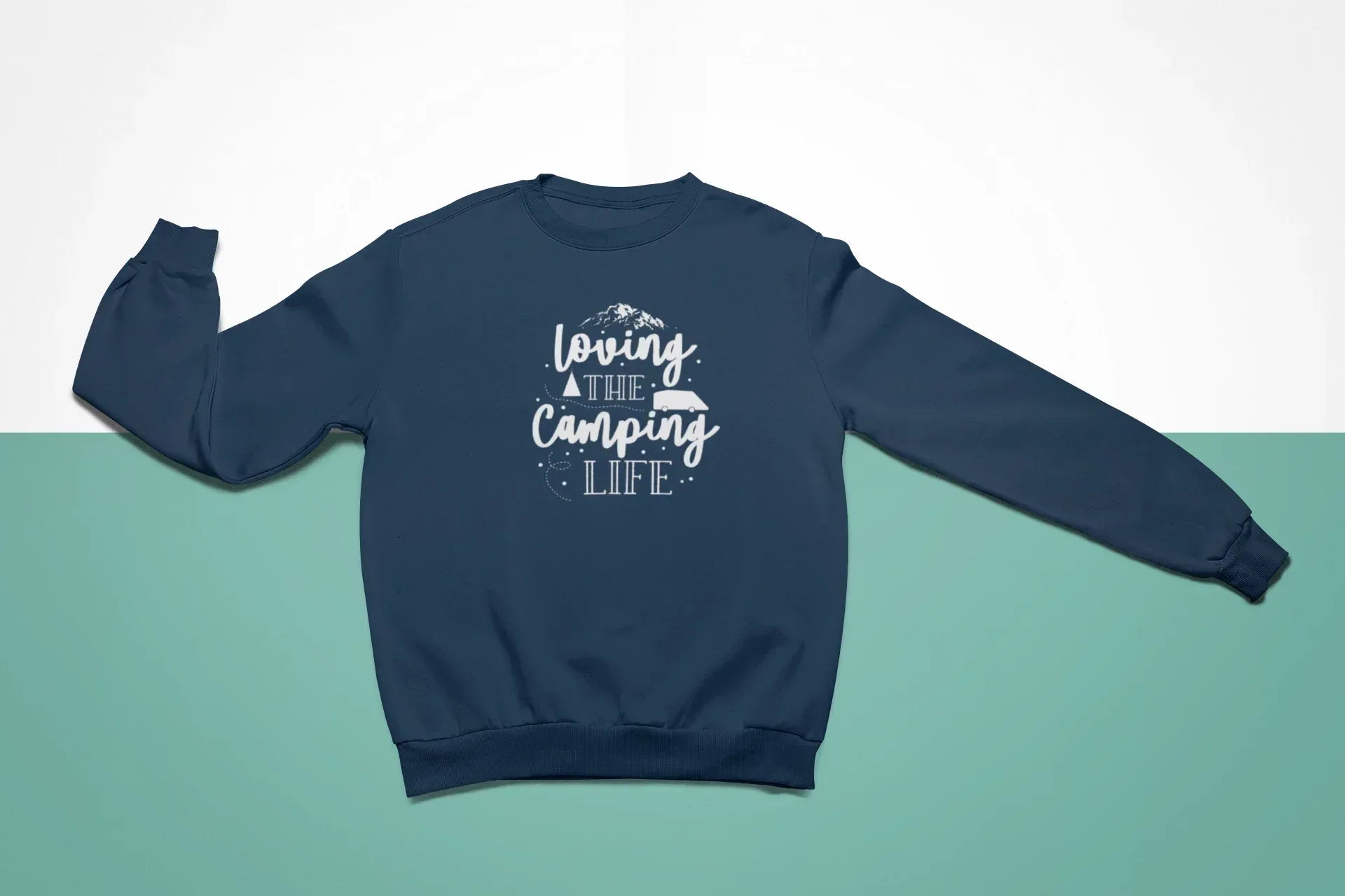 Navy crewneck sweatshirt with white "Loving the Camping Life" graphic on front