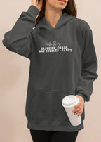 Charcoal hoodie sweatshirt with hood, kangaroo pocket, and 'Caffeine, Chaos, and Cuddles' print